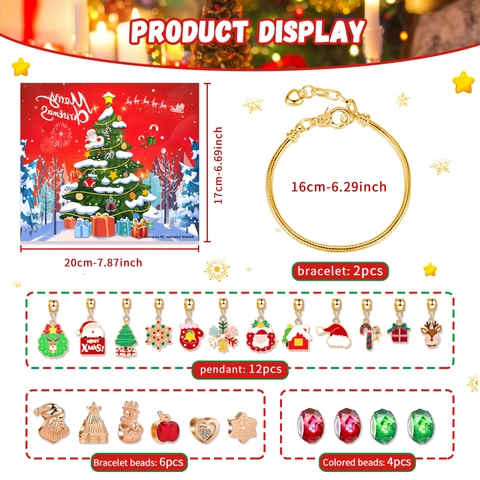 Christmas Advent Calendar Bracelet DIY Jewelry Zinc Alloy Enamel Charms Santa Snowflake Reindeer Pendants Holiday Gifts Girls