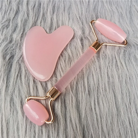 Facial Roller And Gua Sha Rose Quartz Jade Stone Massage Tools For Skin Care Anti Aging Face Neck Beauty