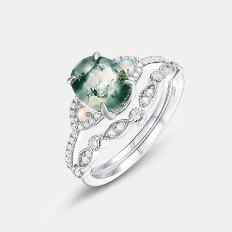 Vintage Moss Agate Ring And Curved Band Natural Green Stone Opal Zircon S925 Sterling Silver Jewelry For Women Bohemian