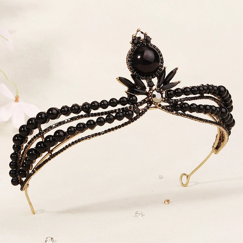 Corona Nera Vintage Francese per Donna in Lega d'Oro Strass Perla Artificiale Copricapo da Sposa Tiara da Regina Gotica per Festa di Matrimonio