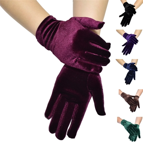 Women Velvet Gloves Short Stretch Velveteen Retro Party Dress Accessory Elegant Full Finger Winter Warm For Lady