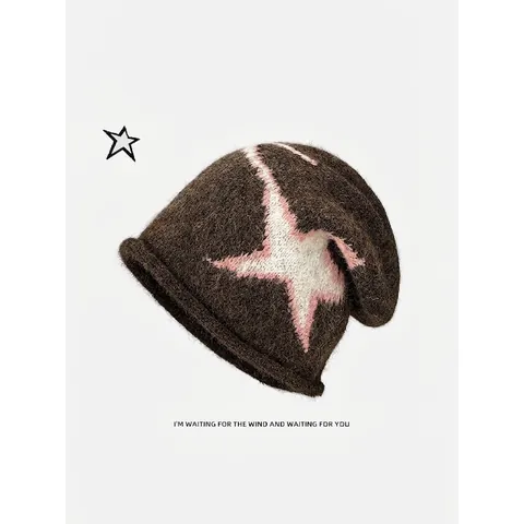 Stern Muster Strickmütze Beanie Wintermütze Rollrand Warm Mohair Ähnliche Plüsch Textur Kopfbedeckung