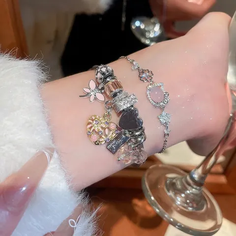 Bracelet À Breloques En Alliage Strass Cœur Papillon Émail Verre Perles Chaîne Serpent Bijoux De Mode Femmes