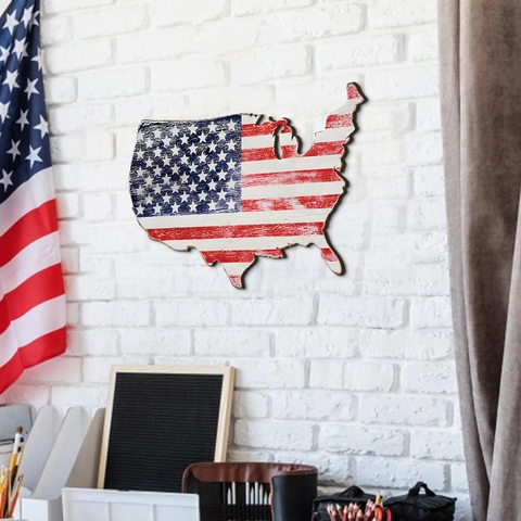 USA Map Wall Hanging Wood Decorative Sign Independence Day American Flag Vintage Rustic Home Office Decor Star Stripes