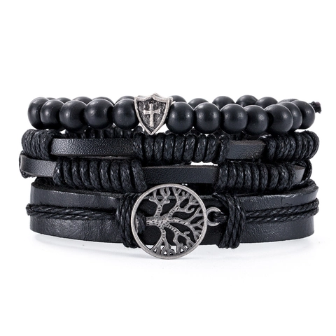 Bracciale in Pelle Intrecciata Multistrato Vintage Albero della Vita Croce Ciondolo Gioielli da Uomo Stile Etnico Retrò