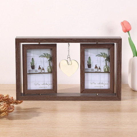 Marco De Fotos Giratorio De Madera Doble Cara Soporte De Mesa Con Colgante De Corazón Regalo Rústico Decoración