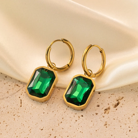 Rectangular Zircon Pendant Hoop Earrings 18K Gold Plated Stainless Steel Geometric Jewelry For Women