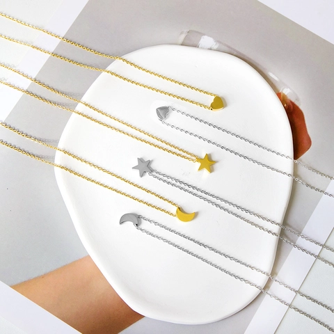 Stainless Steel Pendant Necklace Star Moon Heart Flower Shapes Polished Non-Tarnish Minimalist Jewelry For Women