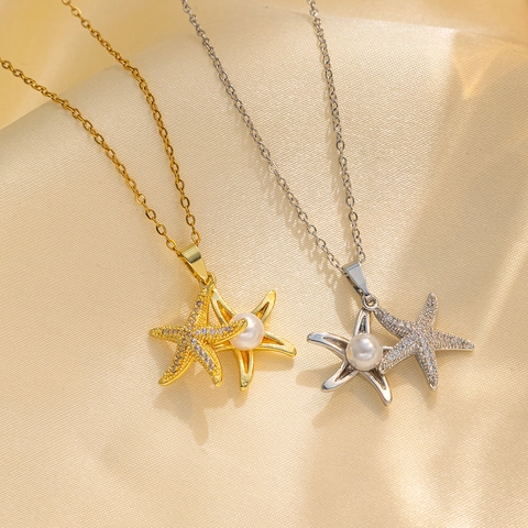 Starfish Artificial Pearl Pendant Necklace Titanium Steel Rhinestone Clavicle Chain Women Summer Beach Accessory