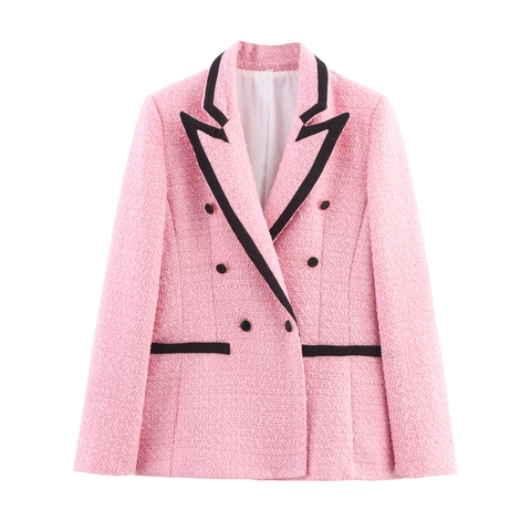Elegante Dames Tweed Blazer Jas Double Breasted Kleurblok Zwarte Bies Roze Lange Mouwen Revers Bovenkleding