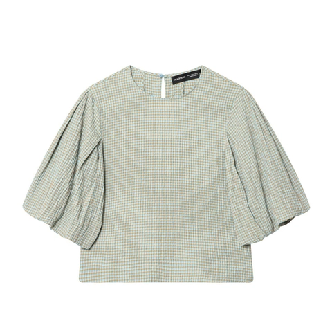 Damen Gingham Kariertes Oberteil Seersucker Verpuffte Kurze Ärmel Rundhalsausschnitt Lässige Street Bluse