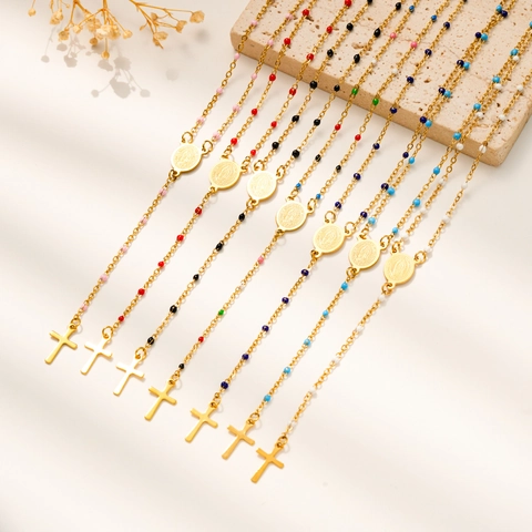 Collar De Rosario De Acero Inoxidable Chapado En Oro De 18K Cuentas Coloridas Medalla Virgen María Colgante De Cruz