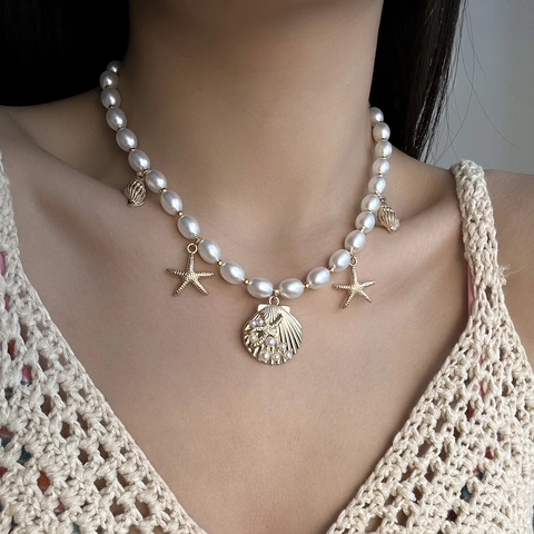 Ocean Theme Starfish Shell Heart Pendant Necklace Bracelet With Imitation Artificial Pearls Gold Alloy Beach Vacation Jewelry For Women