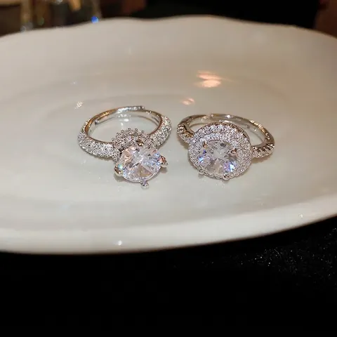 Anillo Elegante De Circón Para Mujer Corte Redondo Engaste Halo Cobre Plateado Boda Compromiso Joyería Lujo