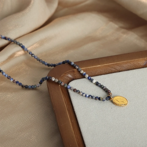 Natural Stone Beaded Necklace With Gold Plated Virgin Mary Oval Relief Pendant Religious Retro Jewelry For Women