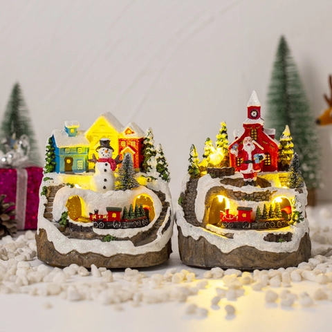 Villaggio Di Neve Di Natale Ornamento Resina Luce LED Musica Treno Rotante Babbo Natale Pupazzo Di Neve Decorazione Scrivania