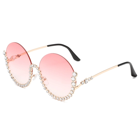 Lunettes De Soleil Rondes Surdimensionnées Pour Femmes Avec Décor Strass Monture Métal Verres Dégradés UV400