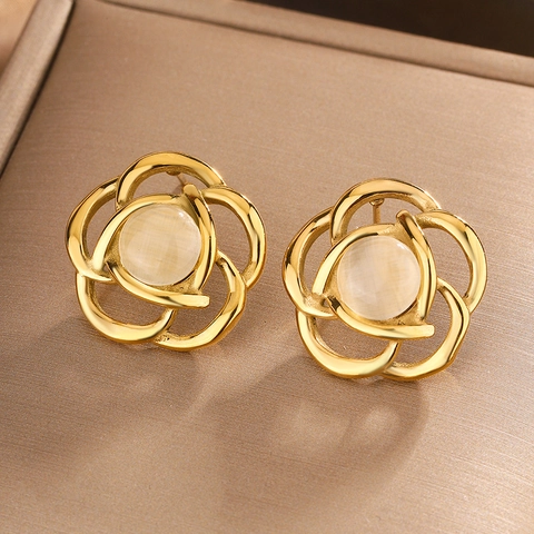 Camellia Flower Stud Earrings 18K Gold Plated Stainless Steel With Artificial Pearl Turquoise Cat Eye Stone French Retro Vintage Jewelry For Women