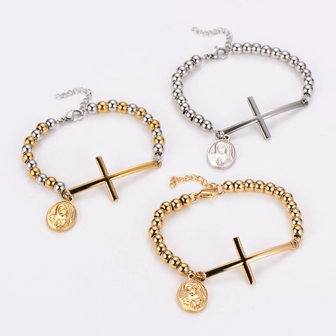 Bracciale Perline Acciaio Inossidabile Croce Orizzontale Medaglia Religiosa Ciondolo Gioielli Moda Uomo Donna