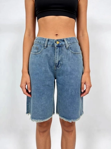 Women High Waisted Denim Bermuda Shorts Frayed Hem Washed Blue Straight Leg Casual Retro Denim Shorts