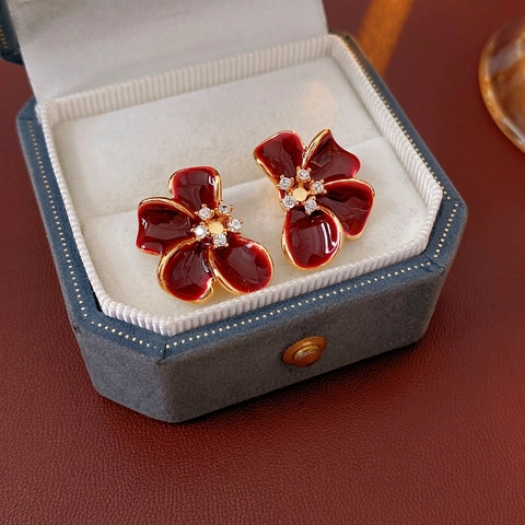 Vintage Flower Stud Earrings With Red Enamel Gold Plated Copper Zircon And 925 Sterling Silver Earring Post For Women