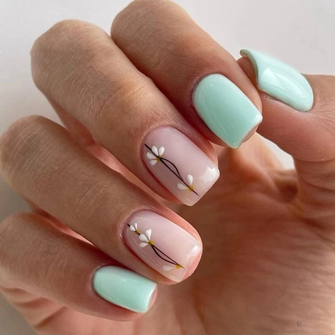 Mintgrüne Künstliche Nägel Zum Aufkleben Kurz Quadratisch Oval Rosa Blumenmuster Glänzend