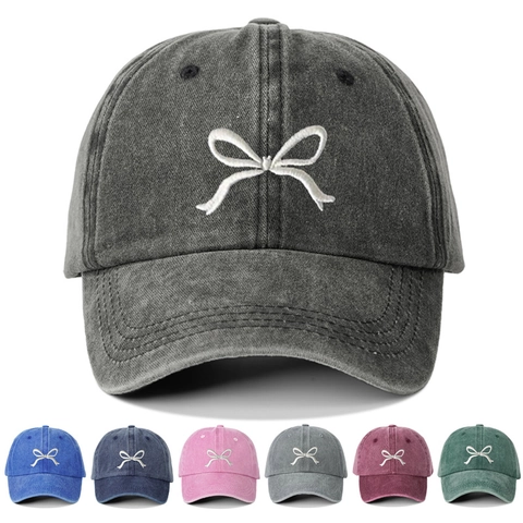 Washed Cotton Baseball Cap For Women Vintage Bow Embroidered Sun Protection Hat Casual Outdoor Adjustable Fashion Peaked Cap