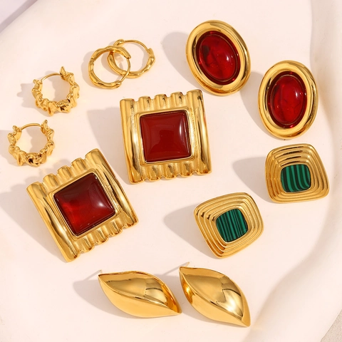 Vintage Geometric Stud Hoop Earrings Stainless Steel 18K Gold Plated Red Ruby Green Acrylic Eye Pleated For Women