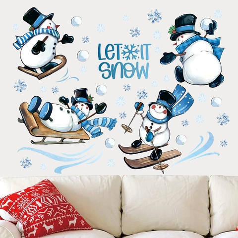 Kerst Sneeuwpop Muurstickers PVC Waterdicht Zelfklevend Wintervakantie Huisdecoratie Sneeuwvlokken Let It Snow