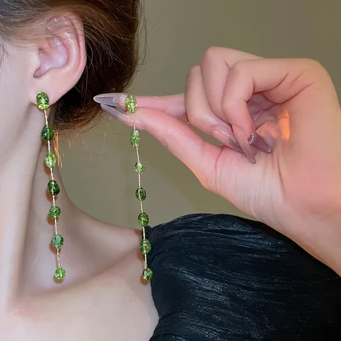Long Tassel Dangling Earrings Green Irregular Glass Beads Gold Plated Alloy And 925 Sterling Silver Earring Post