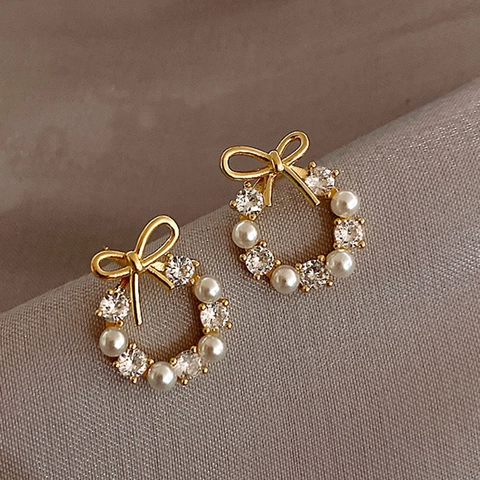 925 Sterling Silver Post Bow Wreath Stud Earrings For Women Sweet Artificial Pearl Rhinestone Korean Fashion Gold Silver Jewelry