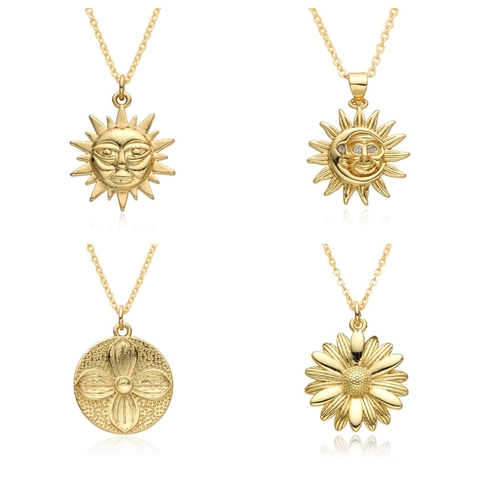 Collier Pendentif Visage Soleil Lune Cuivre Plaqué Or Zircon Marguerite Fleur Vintage Bohême Tarot Chaîne De Pull Pour Femmes