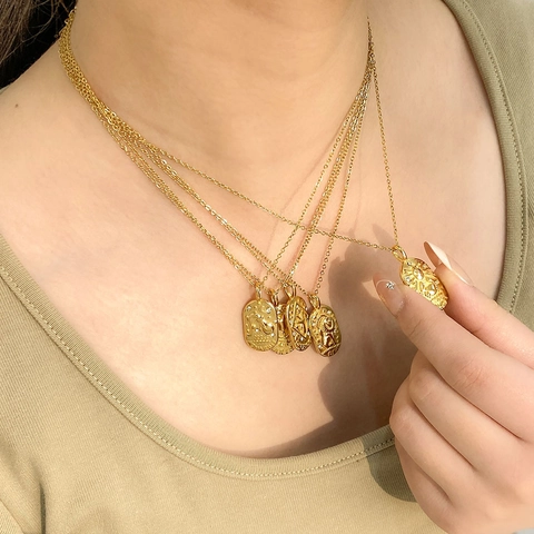 Zodiac Sign Pendant Necklace Stainless Steel Rhinestone 18K Gold Plated Luxury Astrology Jewelry For Women Gift
