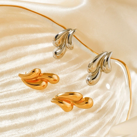 Polished Water Drop Stud Earrings Stainless Steel With Brass Earring Post Abstract Leaf Design Elegant Fashion Jewelry Women