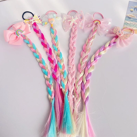 Kids Wig Braid Hair Ties Synthetic Colorful Gradient Ponytail Extensions Bow Unicorn Rainbow Hair Accessories Girls