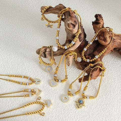 Bracciale In Acciaio Inossidabile Placcato Oro 18K Strass Hamsa Cuore Farfalla Perla Artificial Fibbia Scorrevole Regolabile Gioielli Donna
