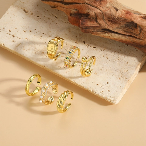 Anillos Abiertos Ajustables Para Mujer Cobre Chapado En Oro Con Zircón Perla Artificial Estilo Vintage Geométrico Irregular