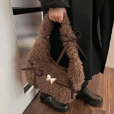 Borsa A Spalla In Peluche Da Donna Borsa Hobo Sottobraccio Con Decorazione A Fiocco Moda Invernale Vintage Dolce