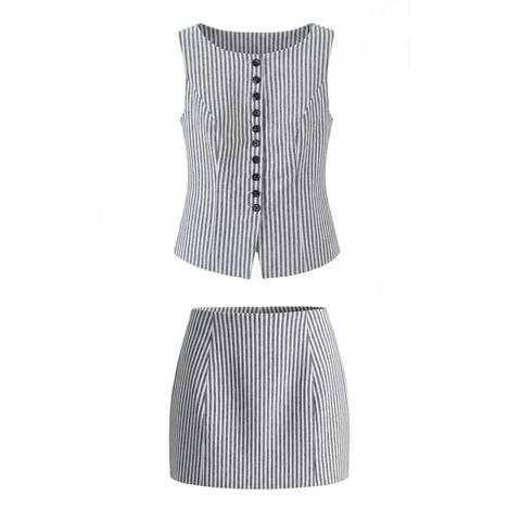Damen Gestreifte Baumwolle Ärmellose Weste Mit Knöpfen Und Minirock Mit Hoher Taille Sommer Casual Mode Outfits