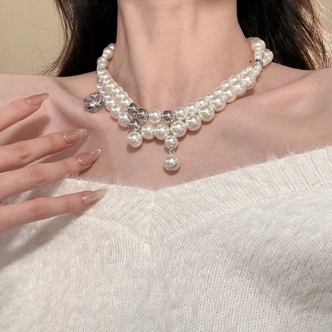 Doppelschichtige Halskette Mit Künstlichen Künstliche Perlen Lila Zirkonia Anhänger Legierung Silber Künstliche Perlen Vintage Schmuck Damen