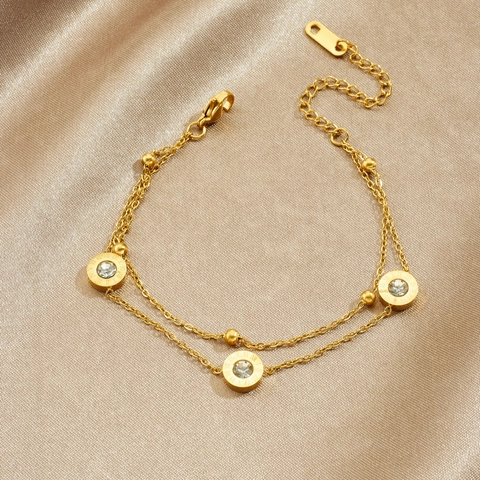 Bracciale Doppio Strato Acciaio Inossidabile Placcato Oro Disco Rotondo Numeri Romani Zircone Gioielli Minimalisti Donna