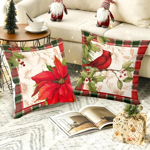 Weihnachten Dekorative Kissenbezüge Roter Kardinal Poinsettie Blumen Karo Muster Polyester Quadratisch Dekoration