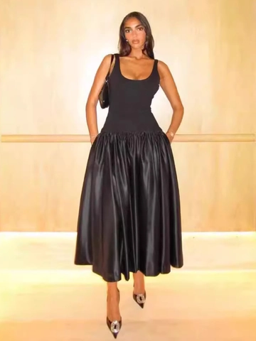Black Sleeveless Maxi Dress With U Neck Slim Fit Satin Patchwork Large Swing Elegant Chic Minimalist Style Women