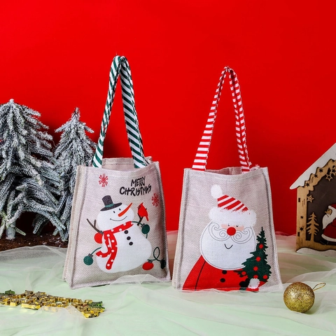 Weihnachts Geschenktüten Leinenoptik Süßigkeitenbeutel Mit Weihnachtsmann Schneemann Muster Gestreifte Griffe Party Dekoration