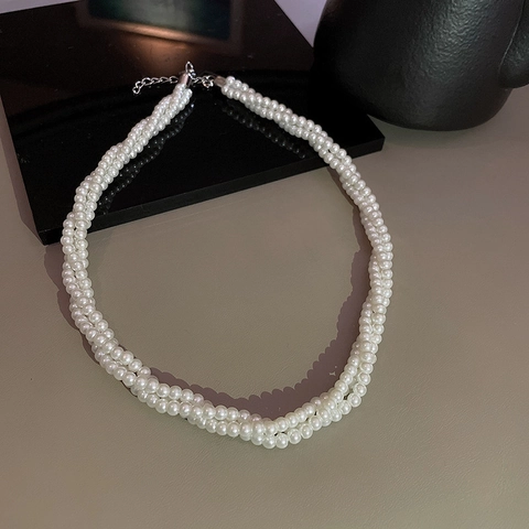 Collar De Perlas Artificiales Artificiales Multicapa Elegante Retorcido Gargantilla Estilo Coreano Joyería De Aleación Para Mujeres