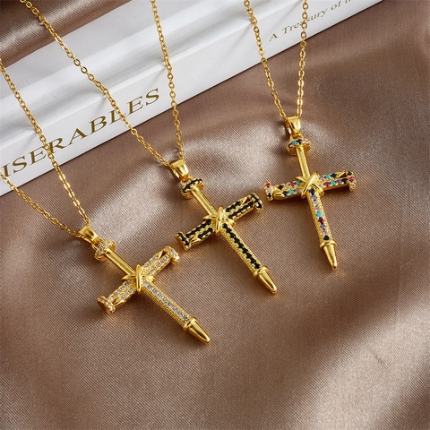 Collana Con Ciondolo A Croce Di Chiodo Rame Placcato Oro Con Pietre Di Zircone Catena Sottile In Acciaio Inossidabile Per Donna Accessorio Elegante