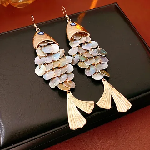 Pendientes De Gota Con Forma De Pez Vintage Con Aleación Escamas De Concha Detalles Ojos Azules Para Mujeres