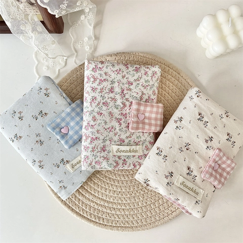 Floral Fabric Book Sleeve Plaid Notebook Cover Zakka Pastoral Stationery Organizer Bag Heart Button Journal Protector