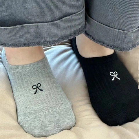 Damen Baumwolle No Show Socken Japanischer Vintage Stil Rippstrick Schleife Stickerei Atmungsaktiv Rutschfest Unsichtbar