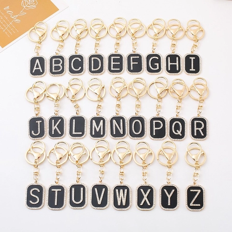Lussuoso Portachiavi con Lettera Alfabeto A-Z in Lega Dorata Ciondolo con Strass Scintillanti in Smalto Nero Accessorio da Appendere alla Borsa Regalo